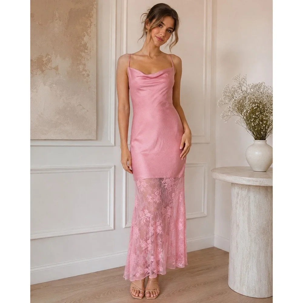 Abercrombie & Fitch Pink Satin Lace Cowl Neck Maxi Dress XXSP XXS Petite